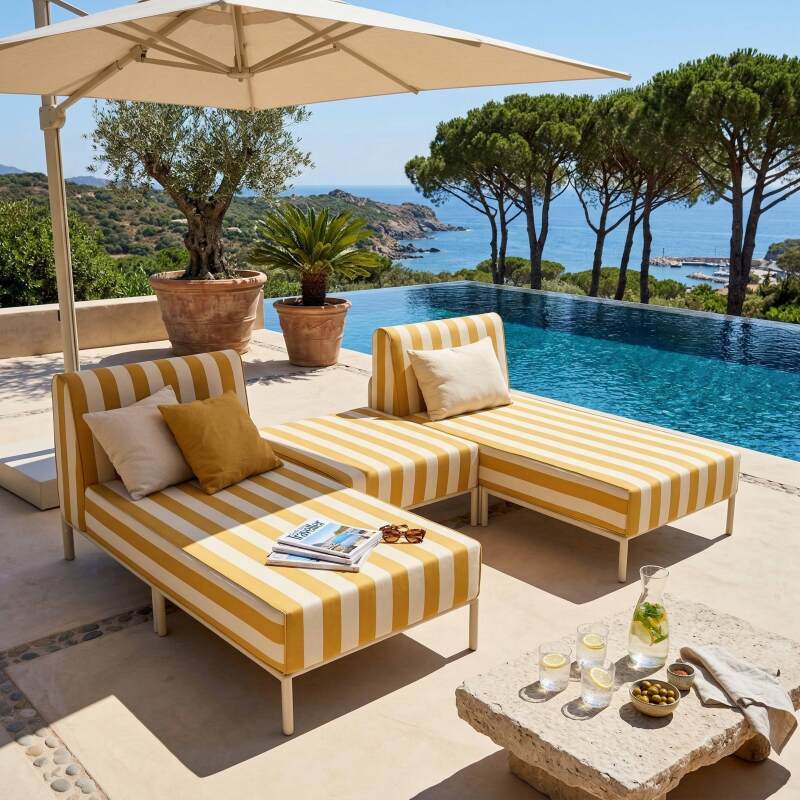 Sofá modular de exterior a rayas para 3 personas con 2 chaise longues y 1 puf (3/7)