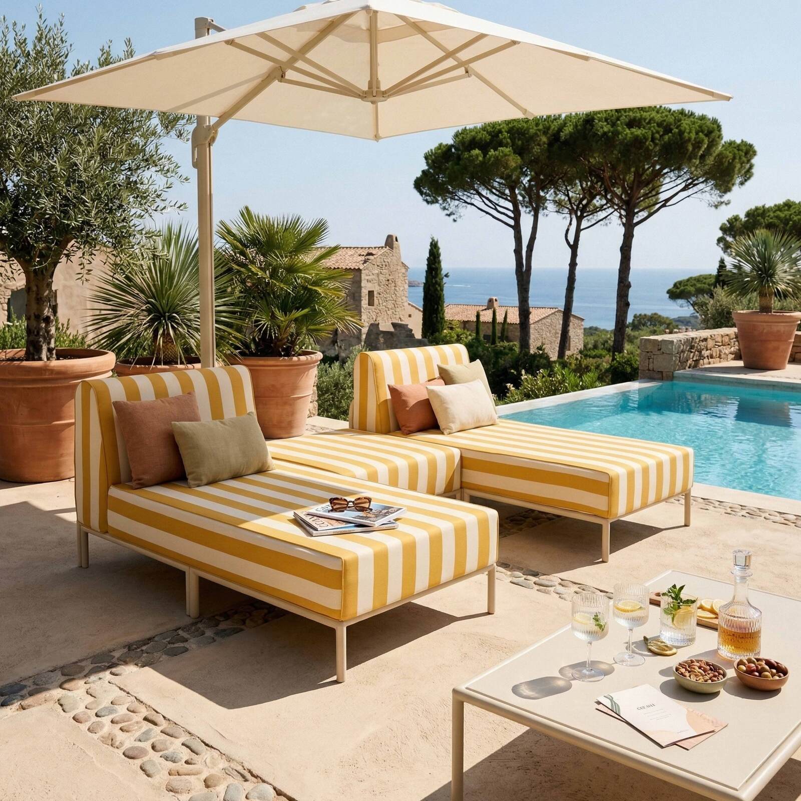 Sofá modular de exterior a rayas para 3 personas con 2 chaise longues y 1 puf
