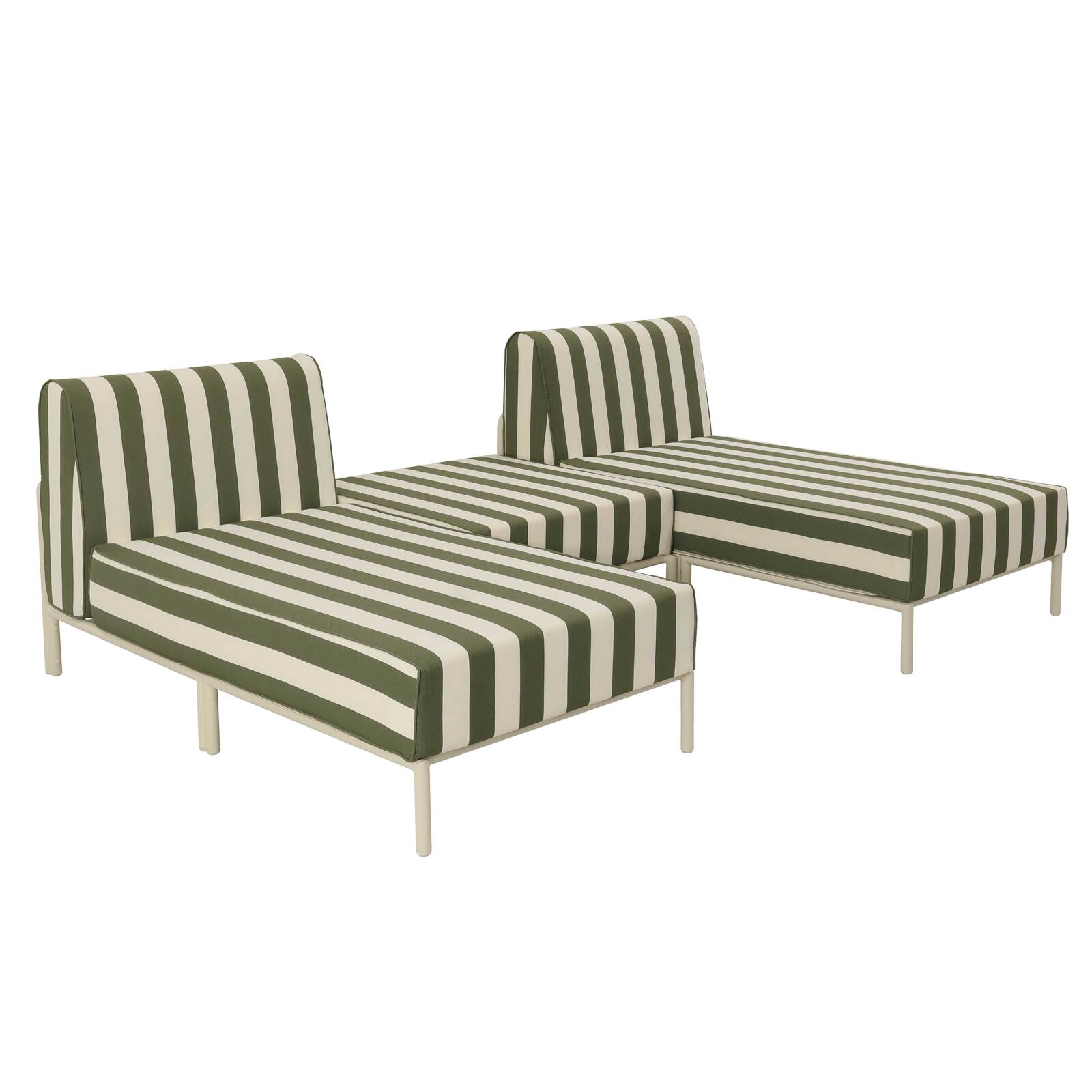 Sofá modular de exterior a rayas para 3 personas con 2 chaise longues y 1 puf