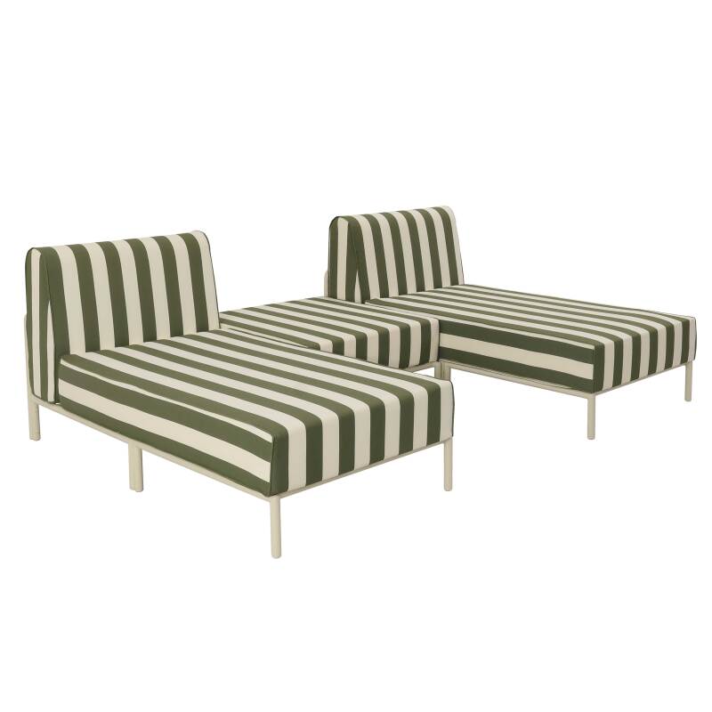 Sofá modular de exterior a rayas para 3 personas con 2 chaise longues y 1 puf