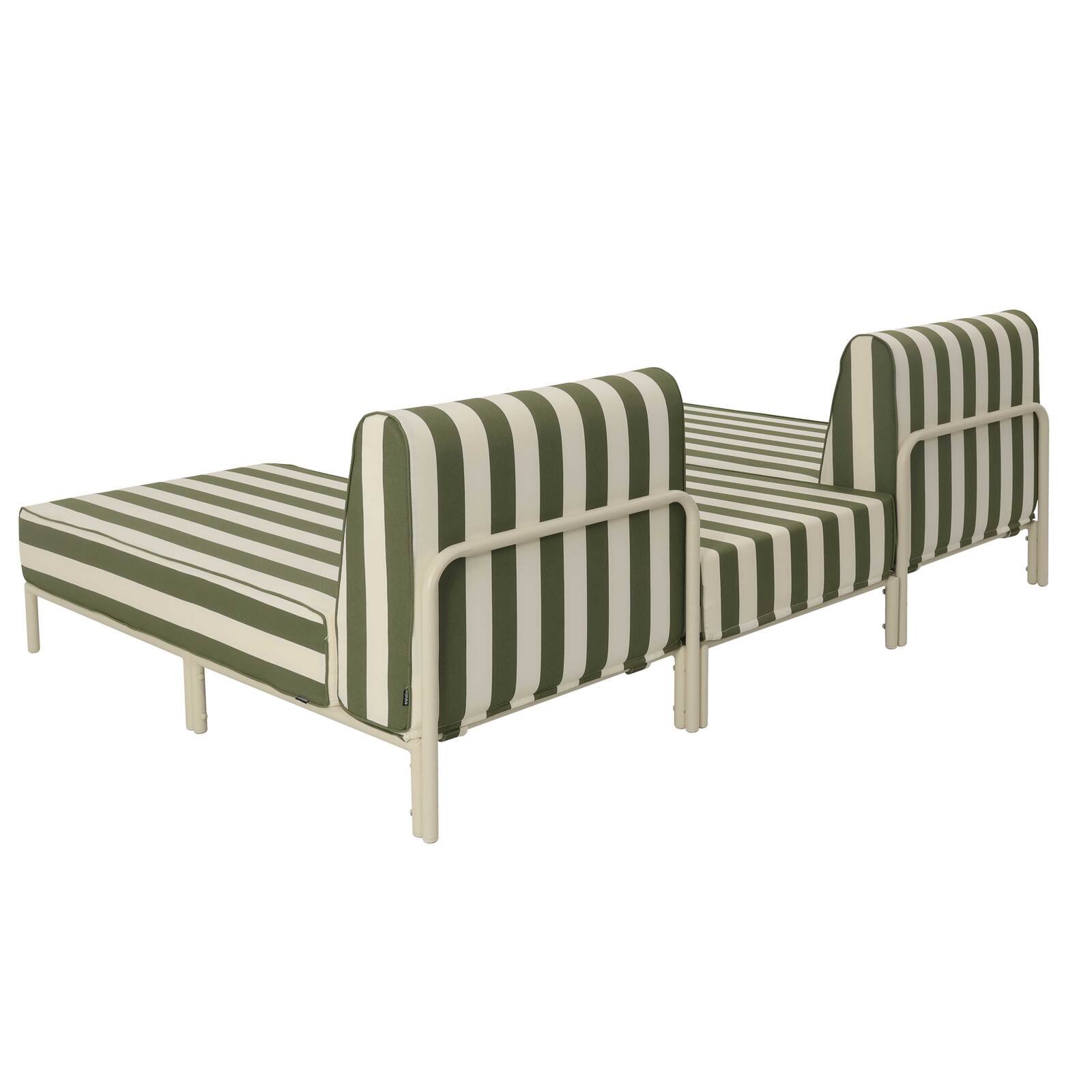 Sofá modular de exterior a rayas para 3 personas con 2 chaise longues y 1 puf