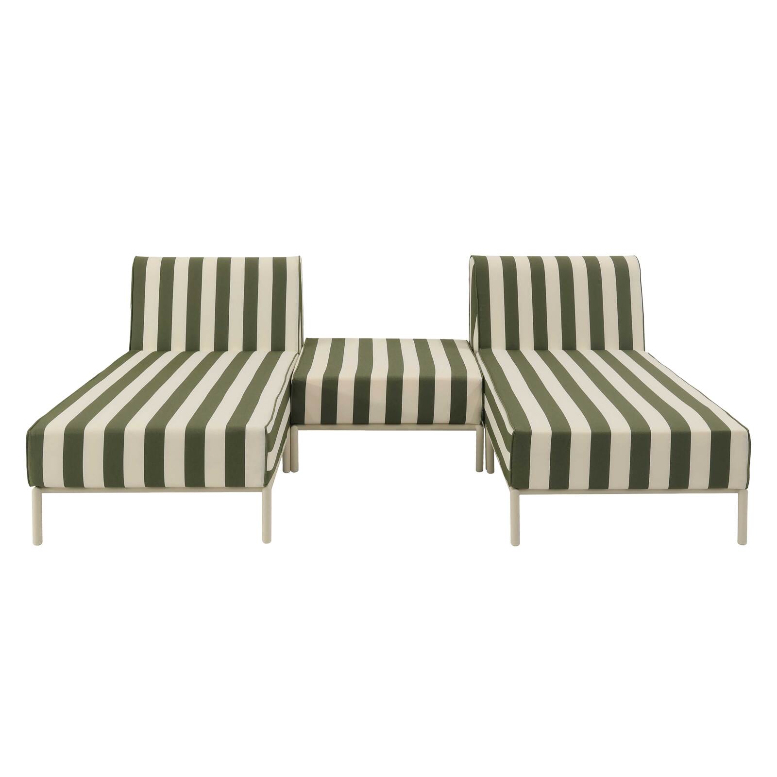 Sofá modular de exterior a rayas para 3 personas con 2 chaise longues y 1 puf