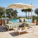 Sofá modular de exterior a rayas para 3 personas con 2 chaise longues y 1 puf