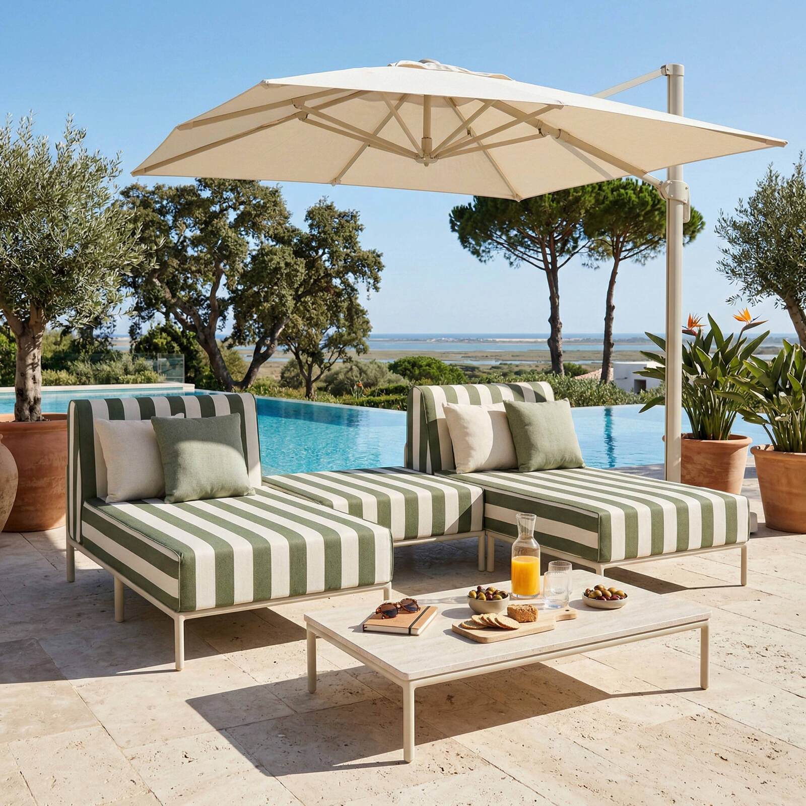 Sofá modular de exterior a rayas para 3 personas con 2 chaise longues y 1 puf