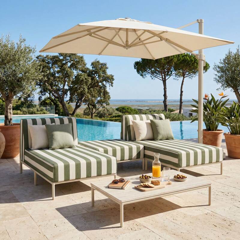Sofá modular de exterior a rayas para 3 personas con 2 chaise longues y 1 puf