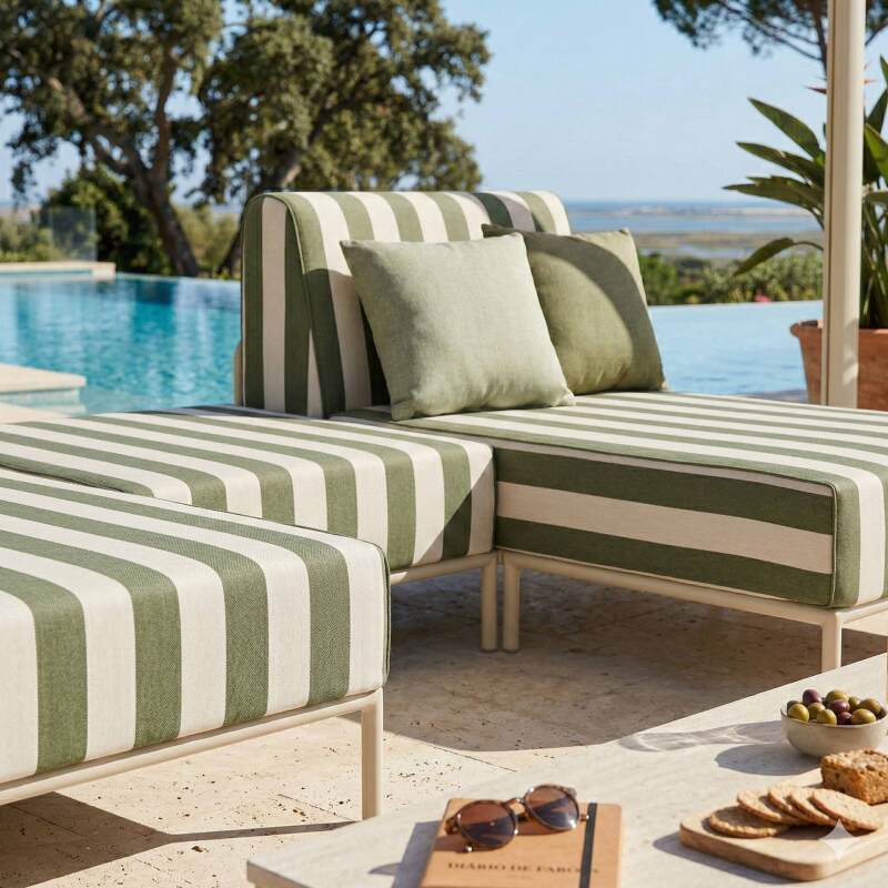 Sofá modular de exterior a rayas para 3 personas con 2 chaise longues y 1 puf (2/6)