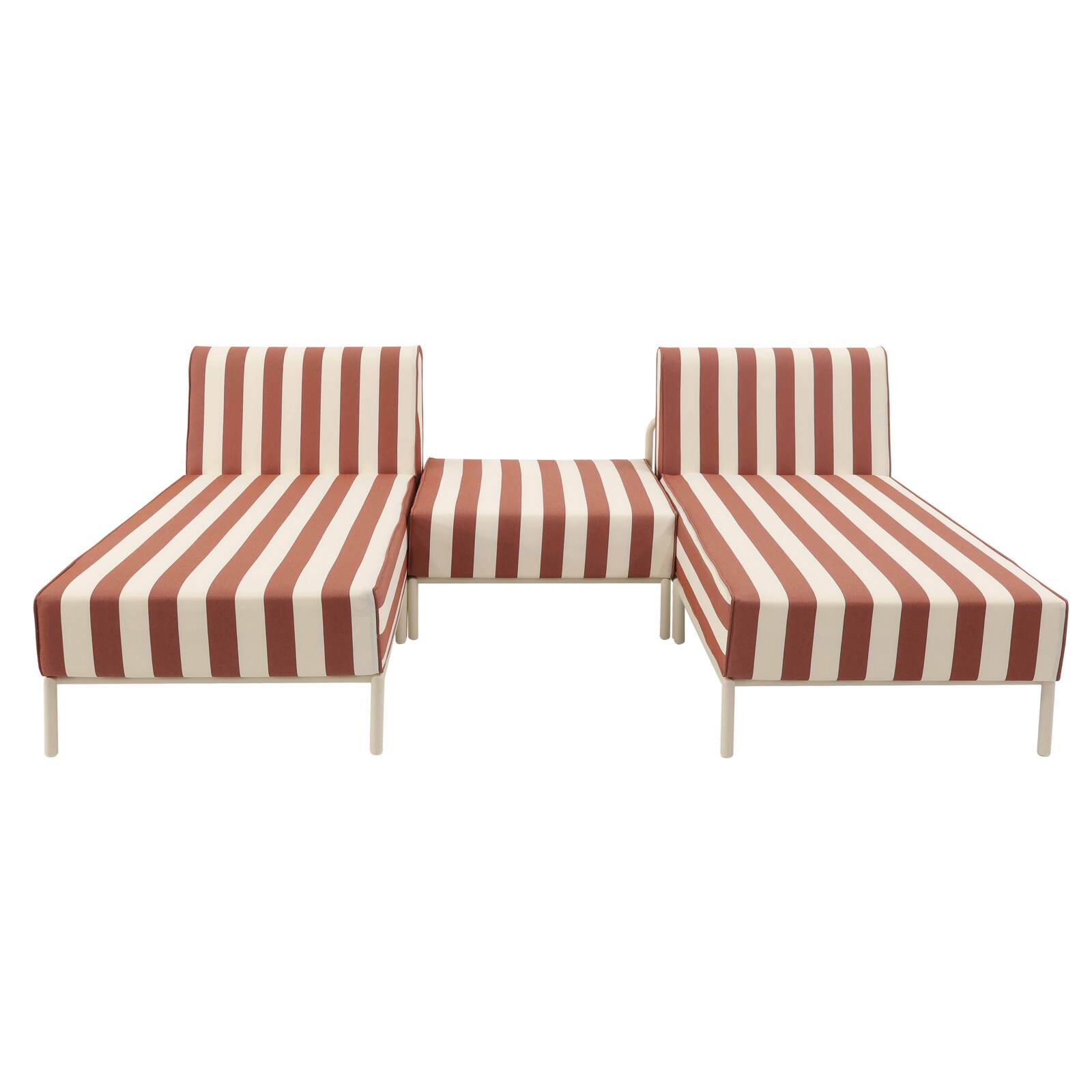 Sofá modular de exterior a rayas para 3 personas con 2 chaise longues y 1 puf