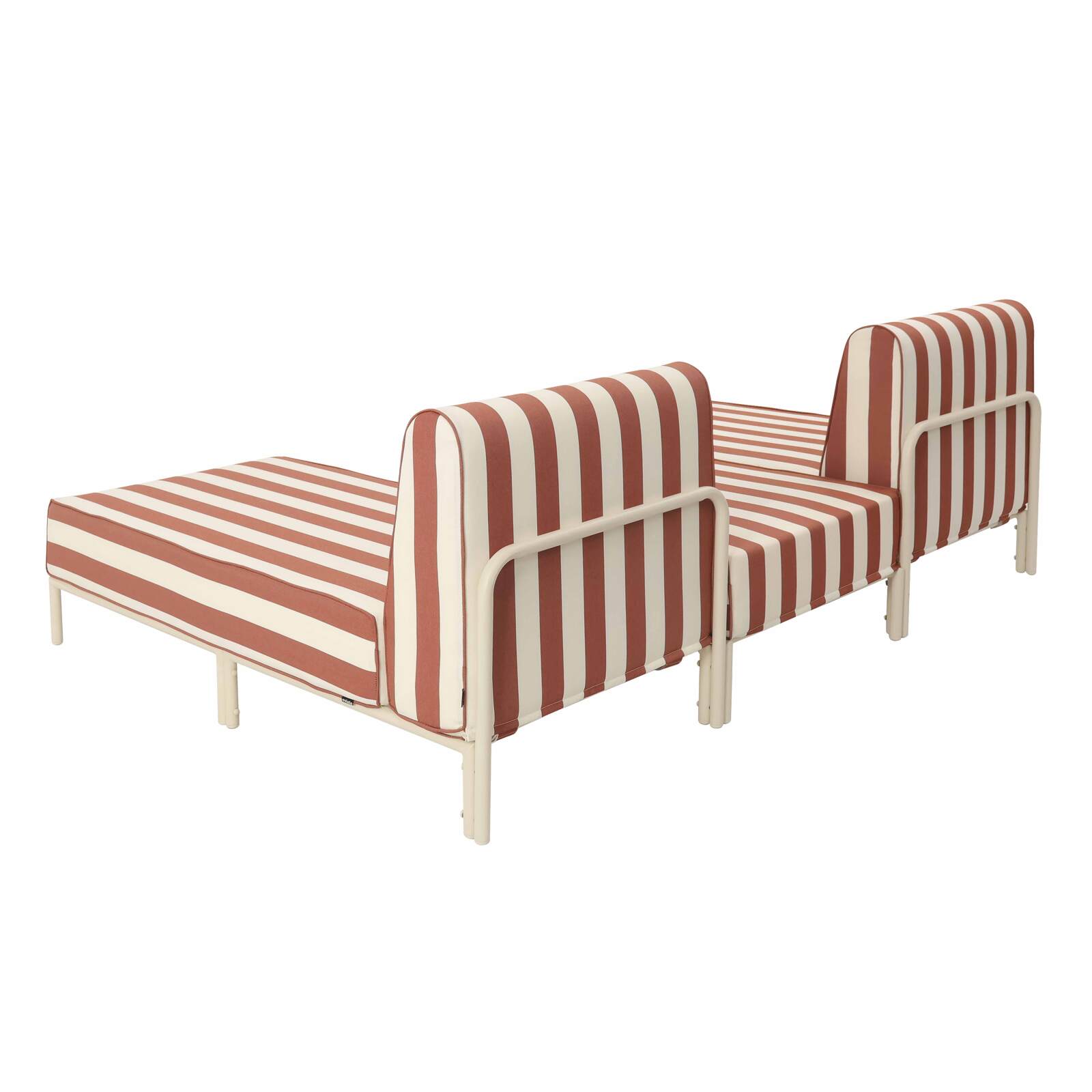 Sofá modular de exterior a rayas para 3 personas con 2 chaise longues y 1 puf