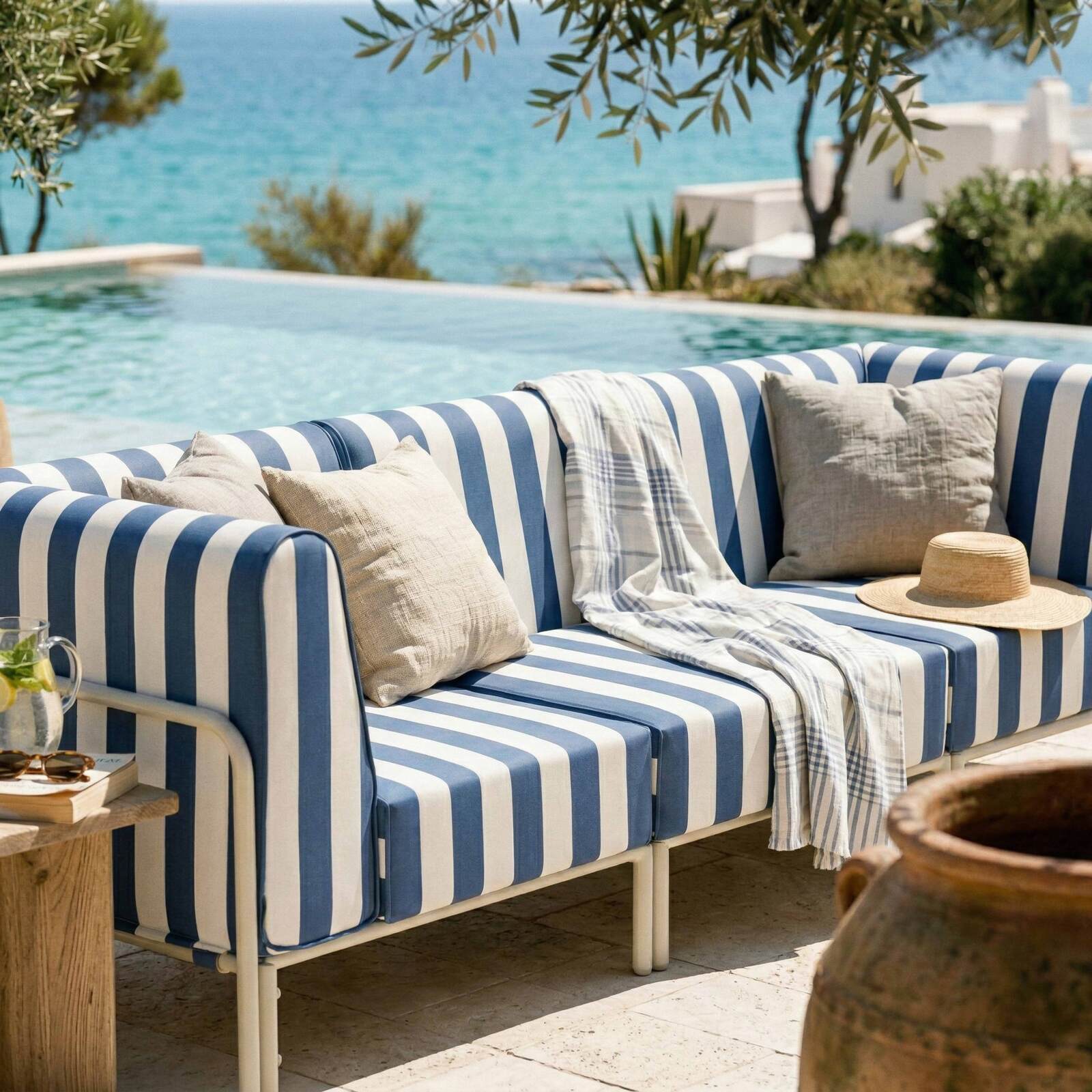 Sofá modular de exterior a rayas para 3 personas con 1 sillón y 2 sillones esquineros