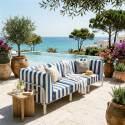 Sofá modular de exterior a rayas para 3 personas con 1 sillón y 2 sillones esquineros
