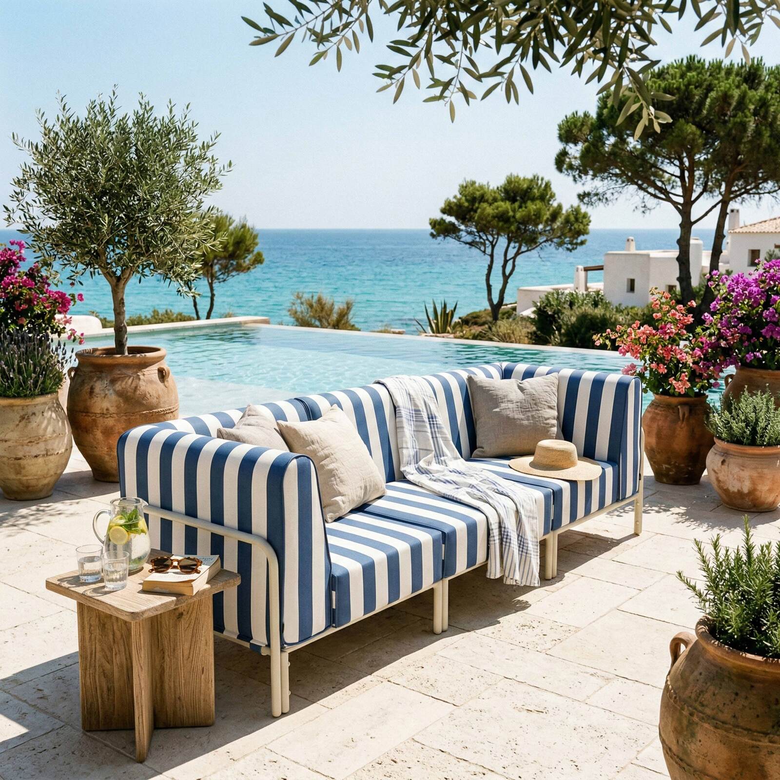 Sofá modular de exterior a rayas para 3 personas con 1 sillón y 2 sillones esquineros