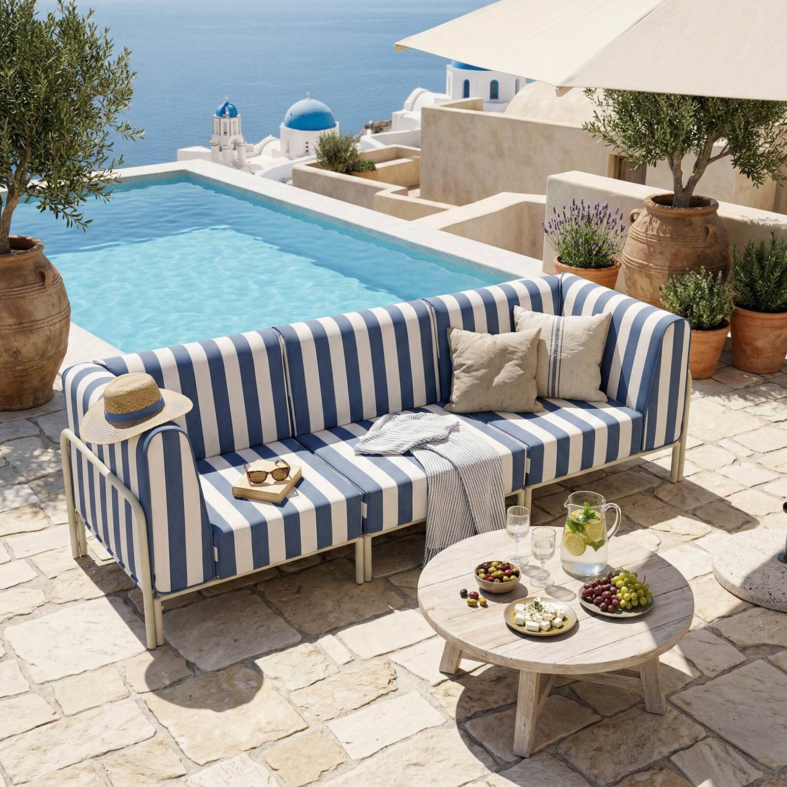 Sofá modular de exterior a rayas para 3 personas con 1 sillón y 2 sillones esquineros