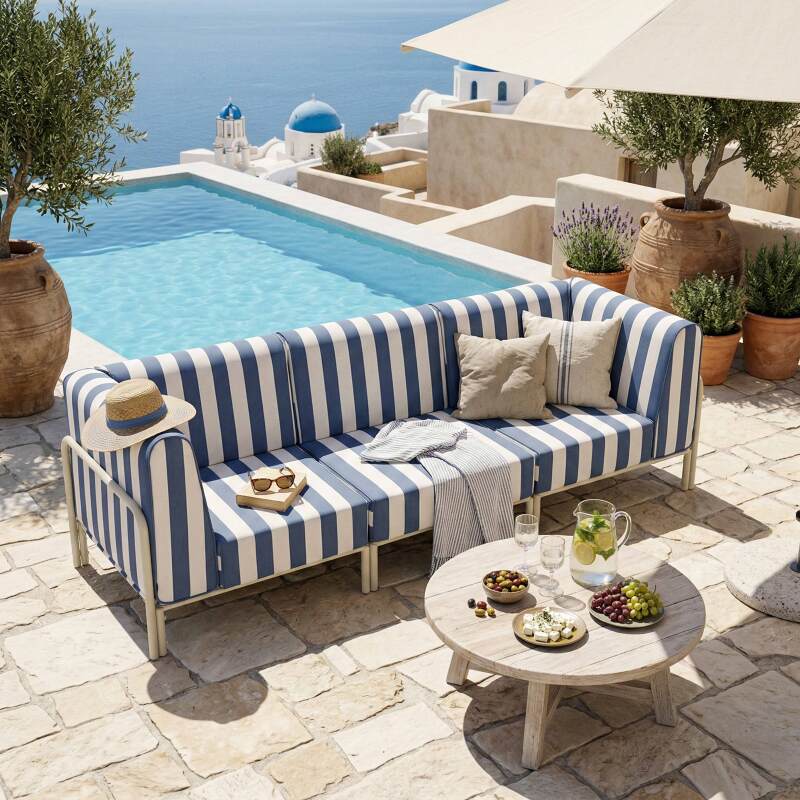 Sofá modular de exterior a rayas para 3 personas con 1 sillón y 2 sillones esquineros (6/8)