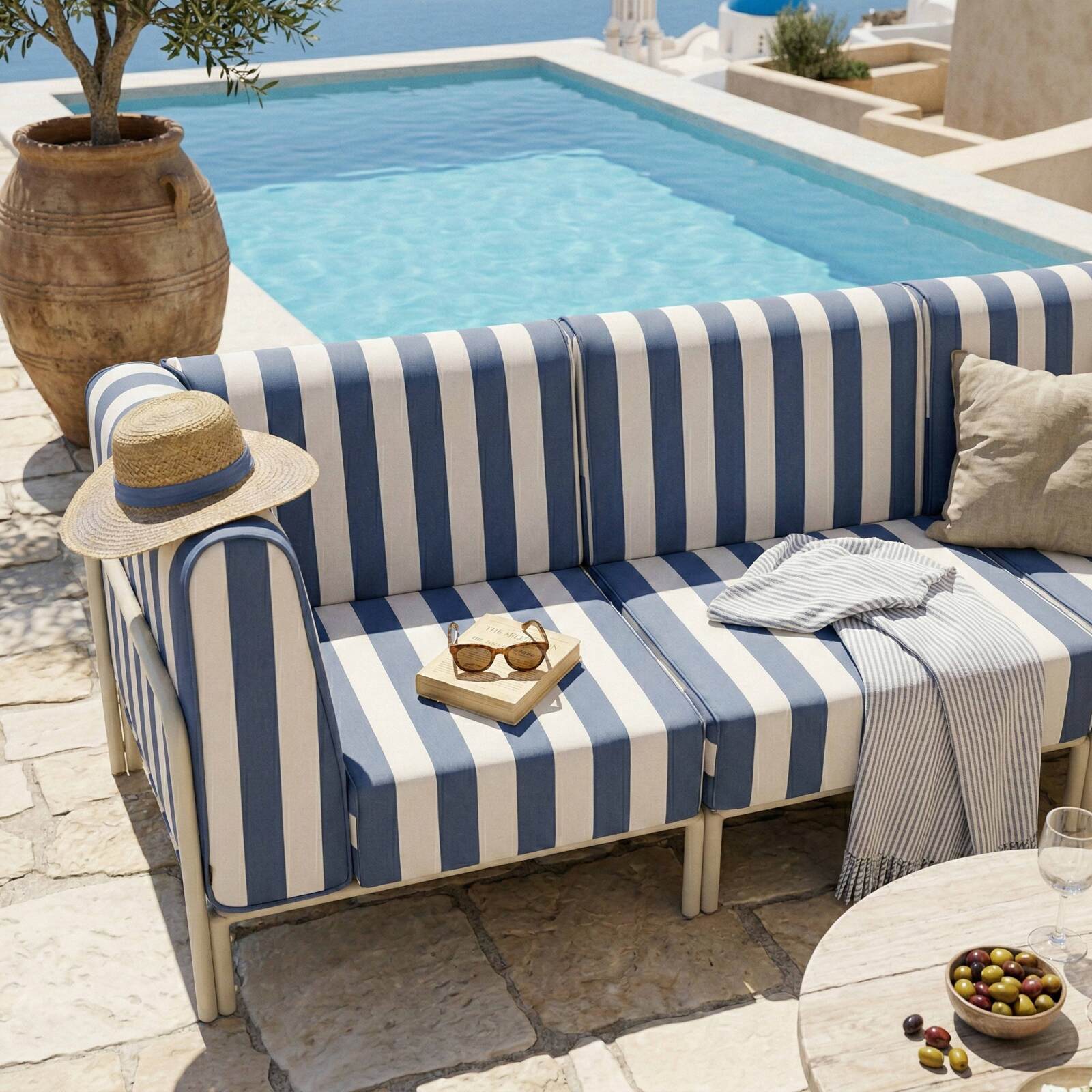 Sofá modular de exterior a rayas para 3 personas con 1 sillón y 2 sillones esquineros
