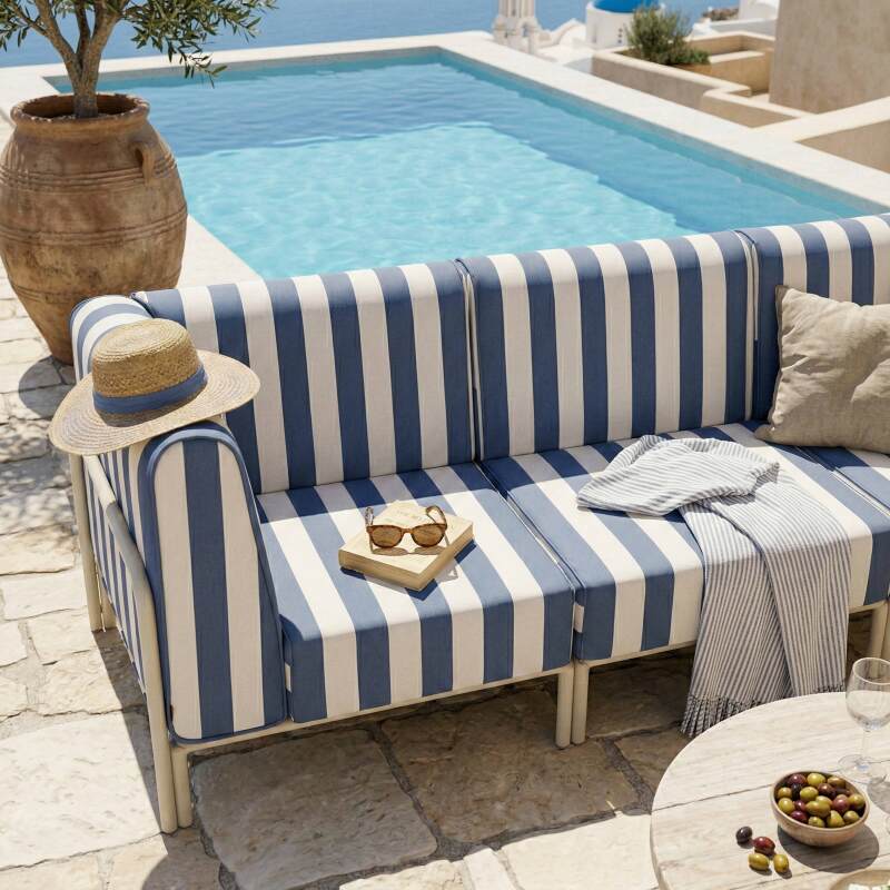 Sofá modular de exterior a rayas para 3 personas con 1 sillón y 2 sillones esquineros (7/8)