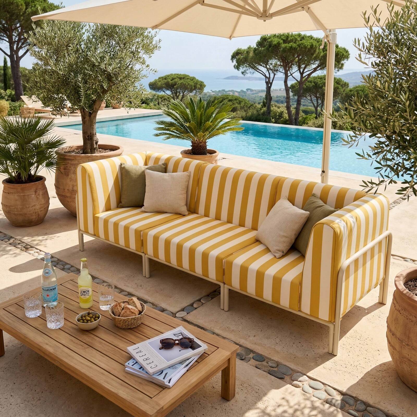 Sofá modular de exterior a rayas para 3 personas con 1 sillón y 2 sillones esquineros