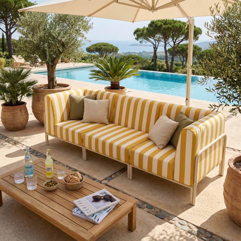 Sofá modular de exterior a rayas para 3 personas con 1 sillón y 2 sillones esquineros