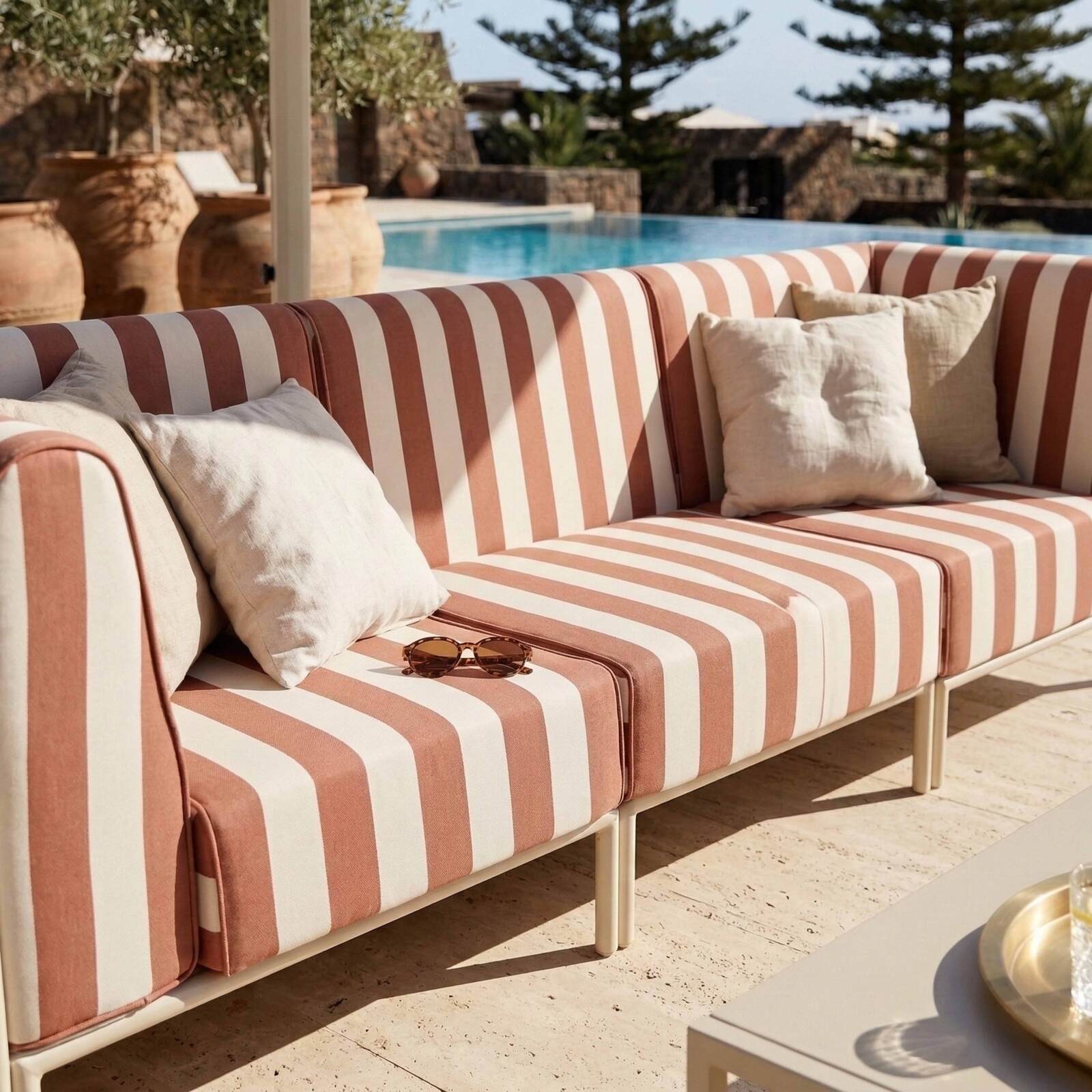 Sofá modular de exterior a rayas para 3 personas con 1 sillón y 2 sillones esquineros