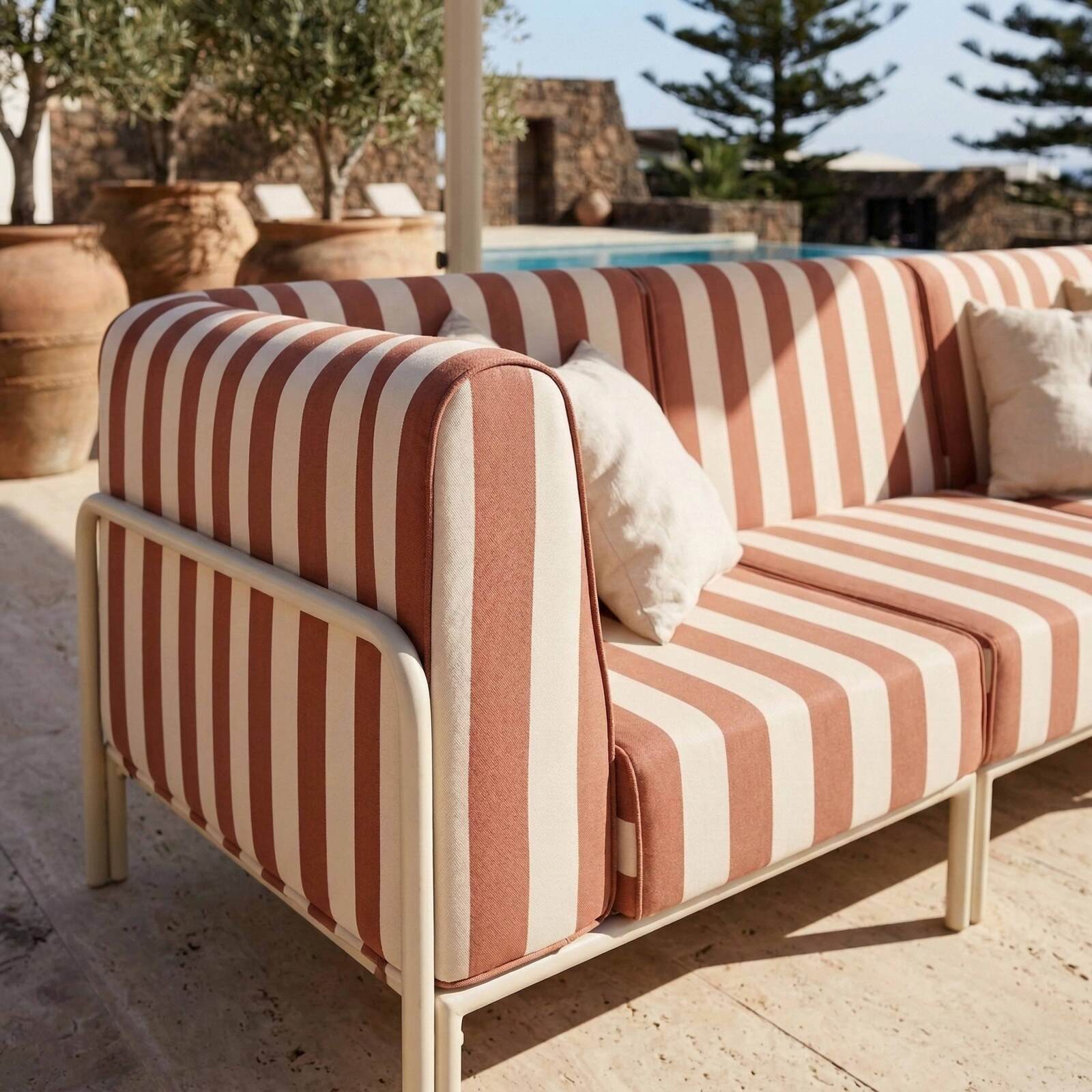 Sofá modular de exterior a rayas para 3 personas con 1 sillón y 2 sillones esquineros