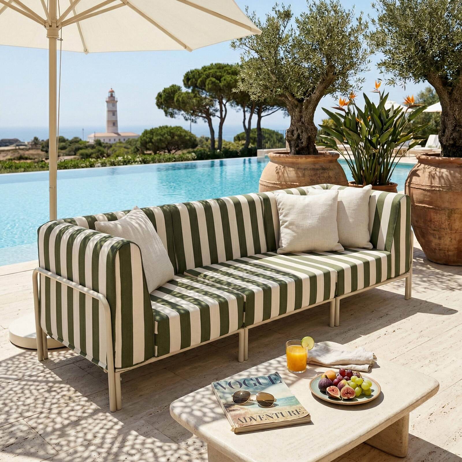 Sofá modular de exterior a rayas para 3 personas con 1 sillón y 2 sillones esquineros