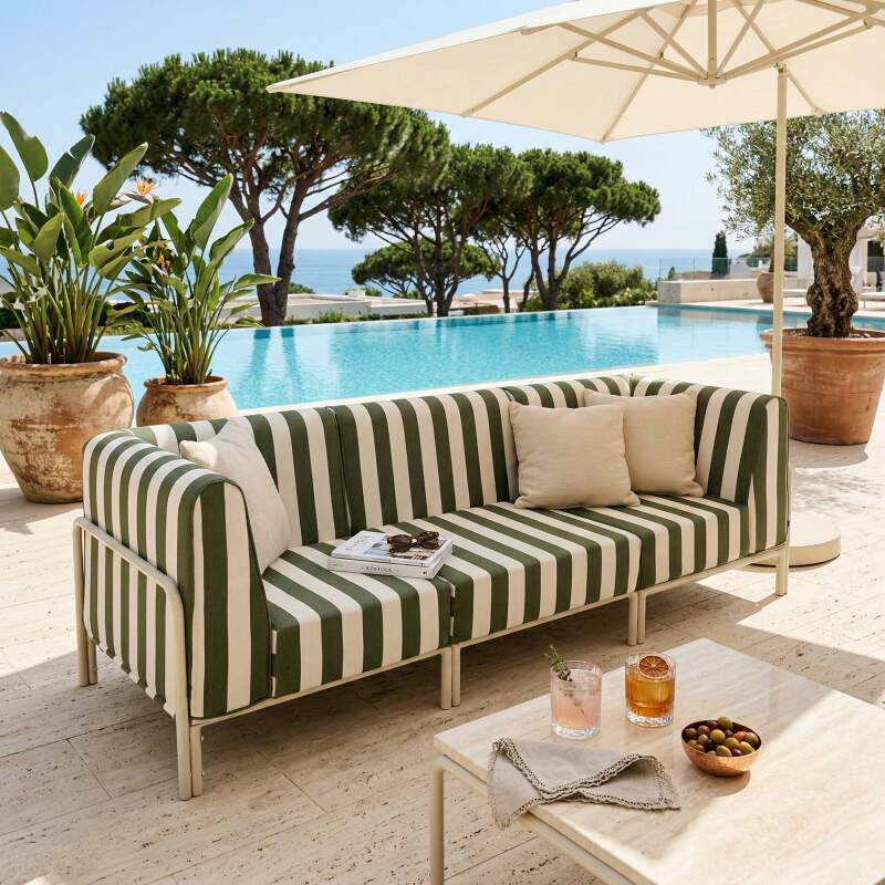 Sofá modular de exterior a rayas para 3 personas con 1 sillón y 2 sillones esquineros (7/9)