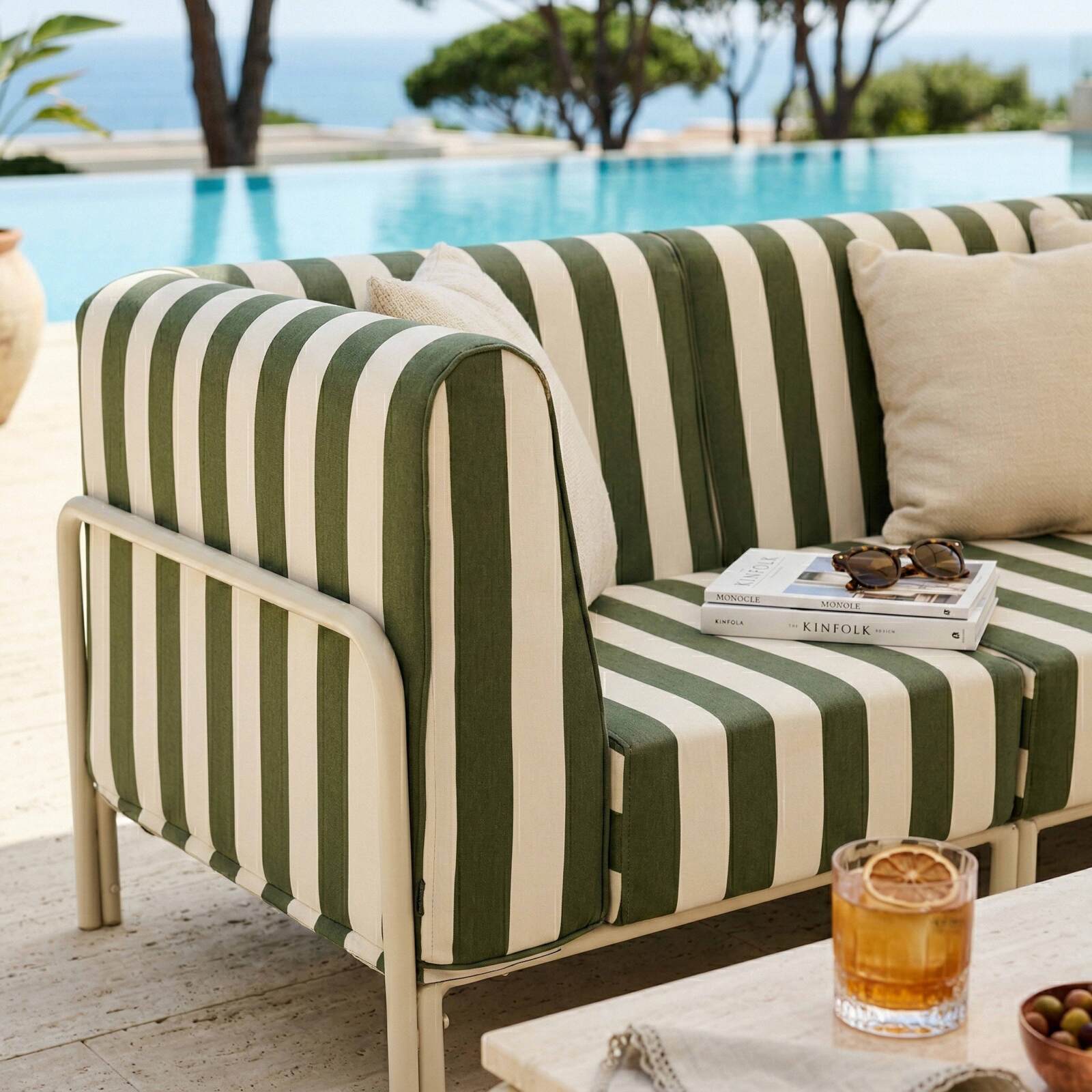 Sofá modular de exterior a rayas para 3 personas con 1 sillón y 2 sillones esquineros