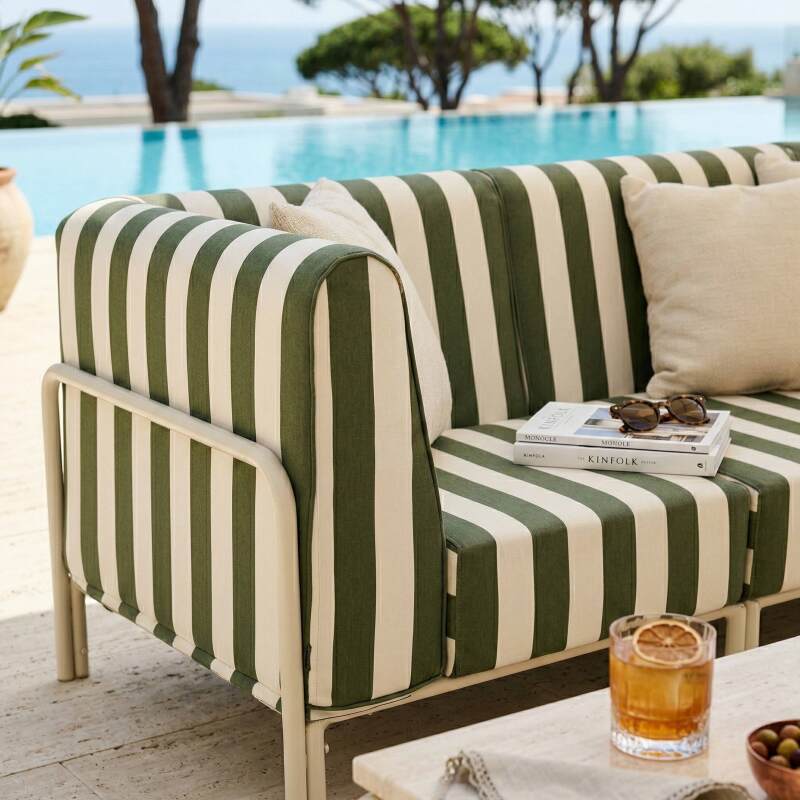 Sofá modular de exterior a rayas para 3 personas con 1 sillón y 2 sillones esquineros (8/9)