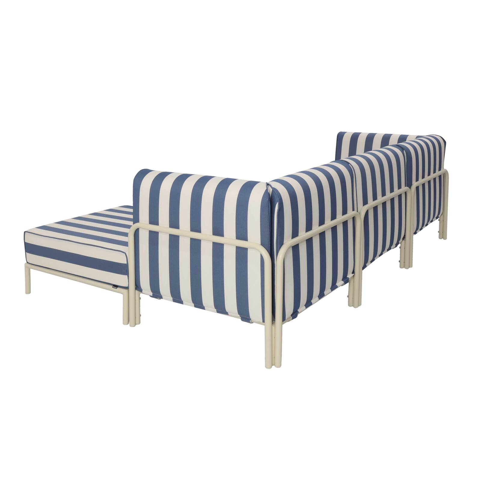 Sofá modular de exterior a rayas para 4 personas con 1 sillón, 2 sillones esquineros y 1 puf