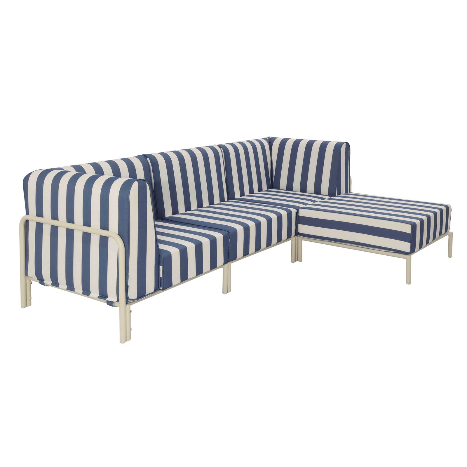 Sofá modular de exterior a rayas para 4 personas con 1 sillón, 2 sillones esquineros y 1 puf