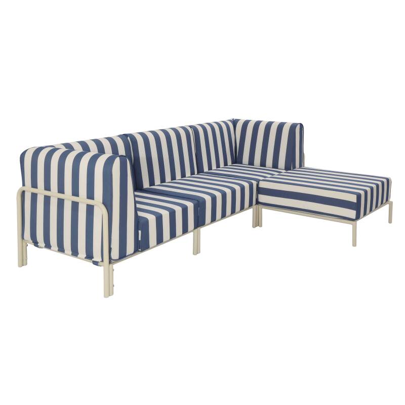Sofá modular de exterior a rayas para 4 personas con 1 sillón, 2 sillones esquineros y 1 puf