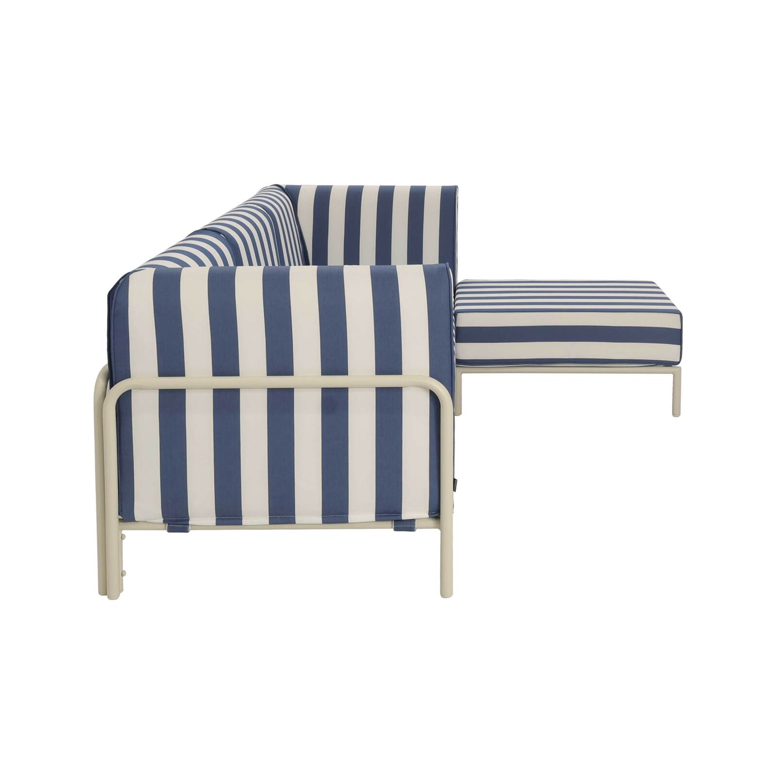 Sofá modular de exterior a rayas para 4 personas con 1 sillón, 2 sillones esquineros y 1 puf