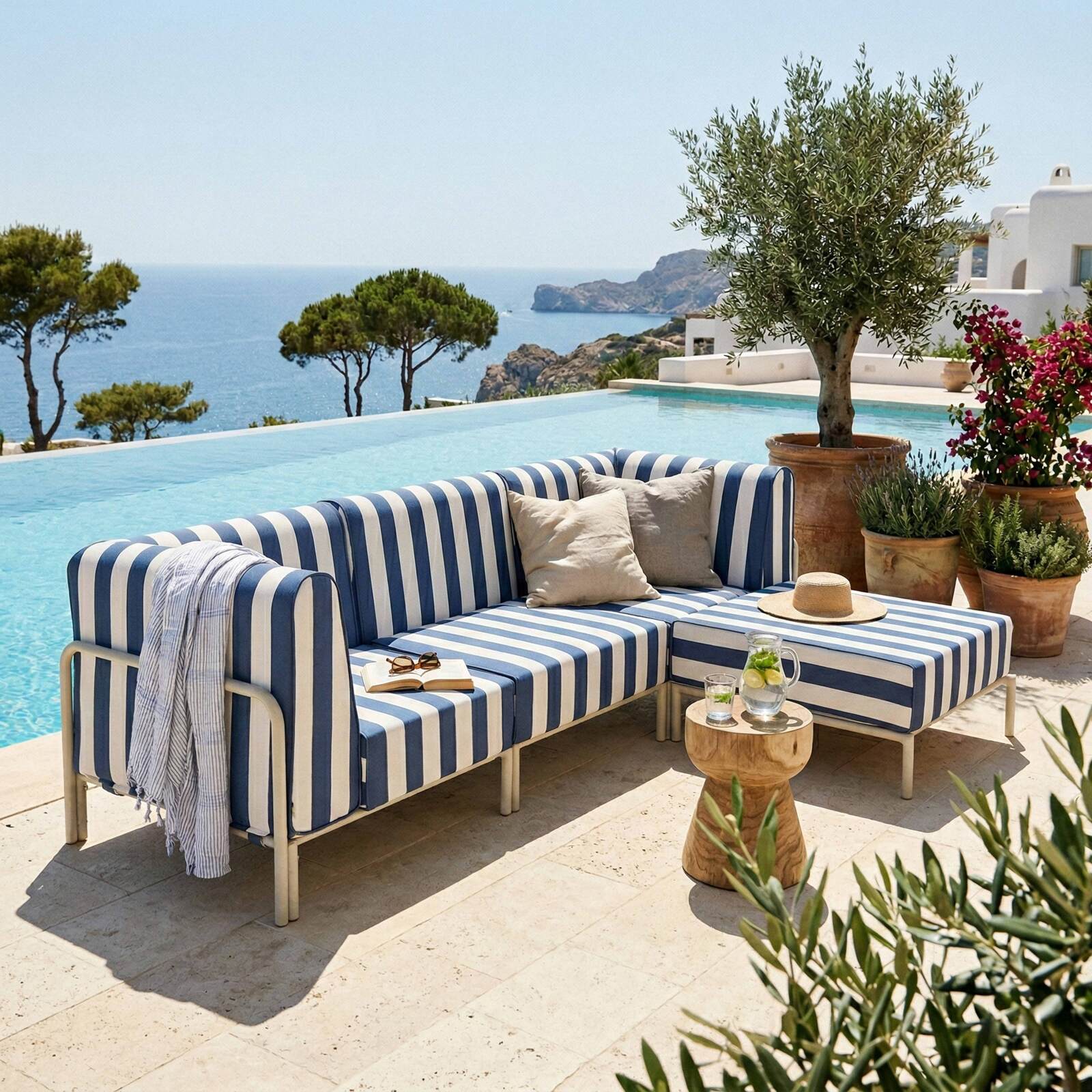 Sofá modular de exterior a rayas para 4 personas con 1 sillón, 2 sillones esquineros y 1 puf