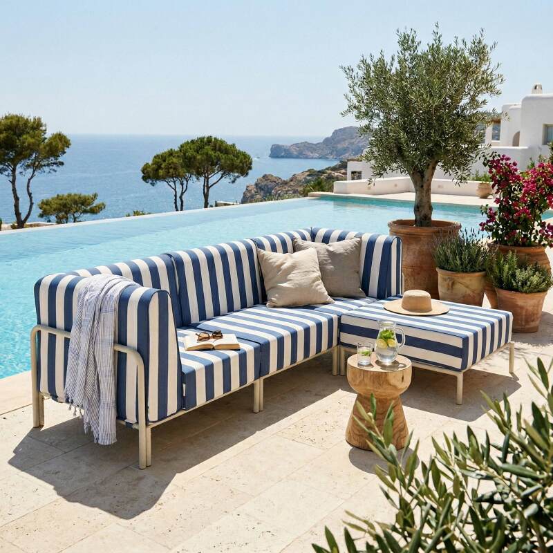 Sofá modular de exterior a rayas para 4 personas con 1 sillón, 2 sillones esquineros y 1 puf