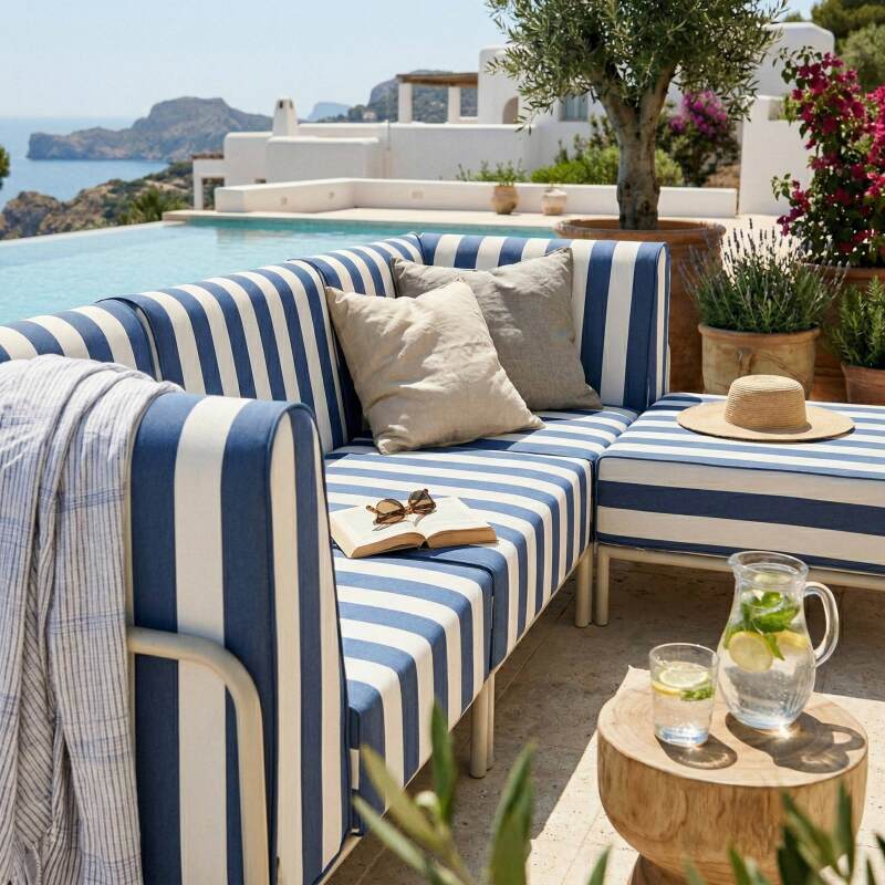 Sofá modular de exterior a rayas para 4 personas con 1 sillón, 2 sillones esquineros y 1 puf (3/8)