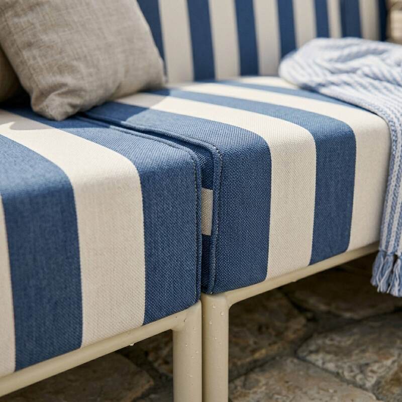 Sofá modular de exterior a rayas para 4 personas con 1 sillón, 2 sillones esquineros y 1 puf (4/8)