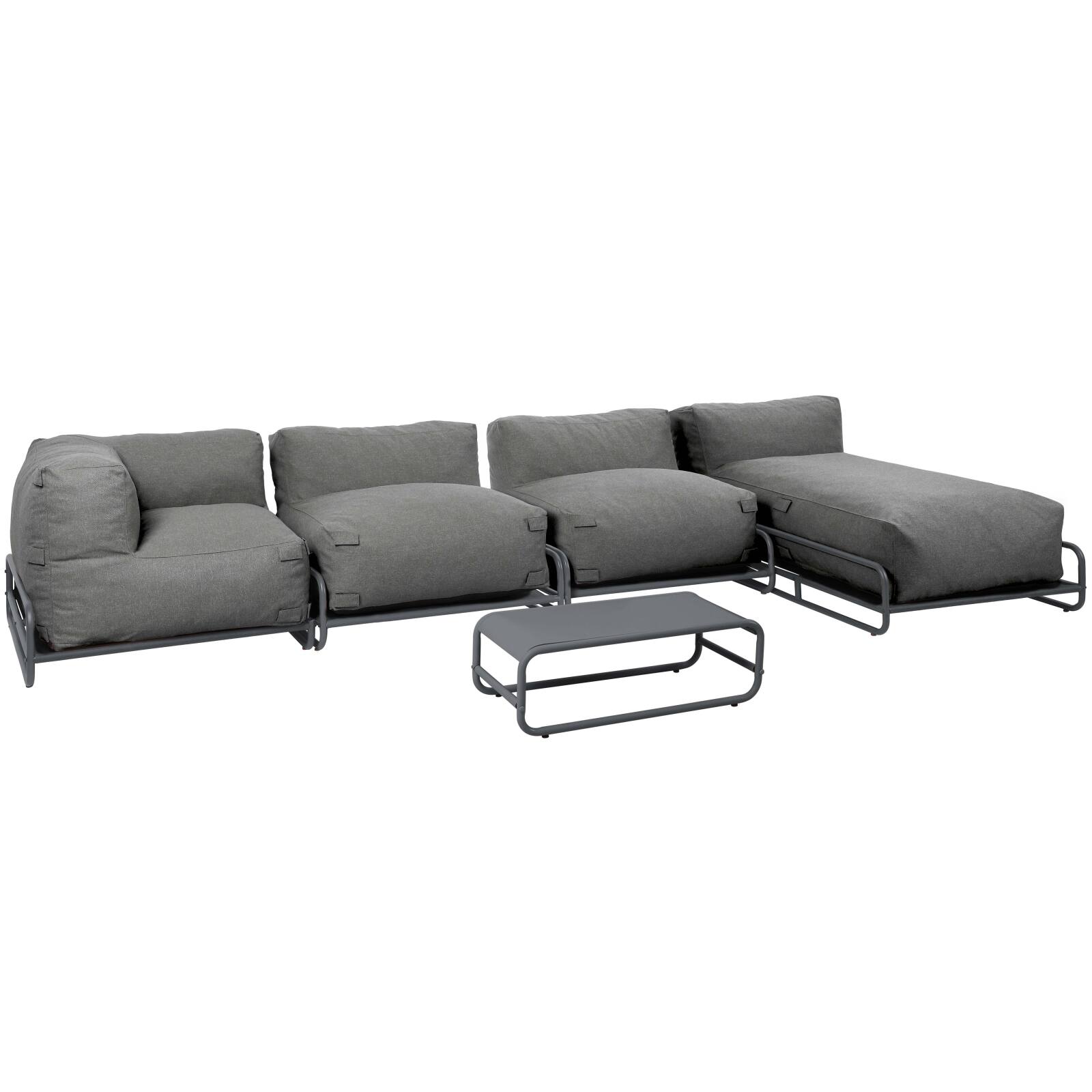 Sofá modular de exterior para 5 personas con estructura, 2 sillones, 1 sillón esquinero, 1 tumbona, 1 puf y mesa de centro