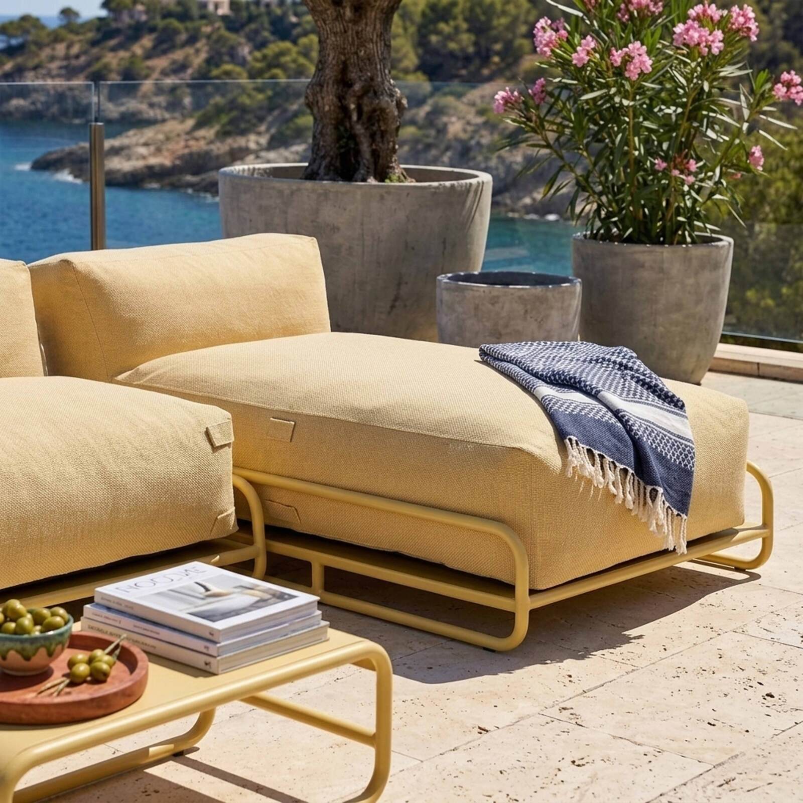 Sofá modular de exterior para 5 personas con estructura, 2 sillones, 1 sillón esquinero, 1 tumbona, 1 puf y mesa de centro