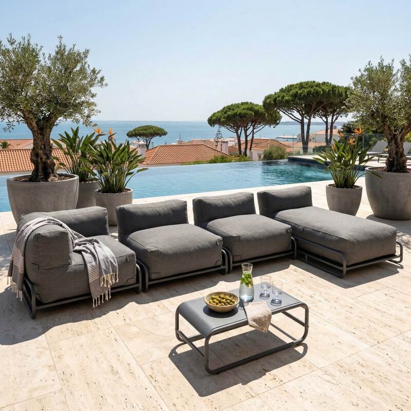 Sofá modular de exterior para 5 personas con estructura, 2 sillones, 1 sillón esquinero, 1 tumbona, 1 puf y mesa de centro