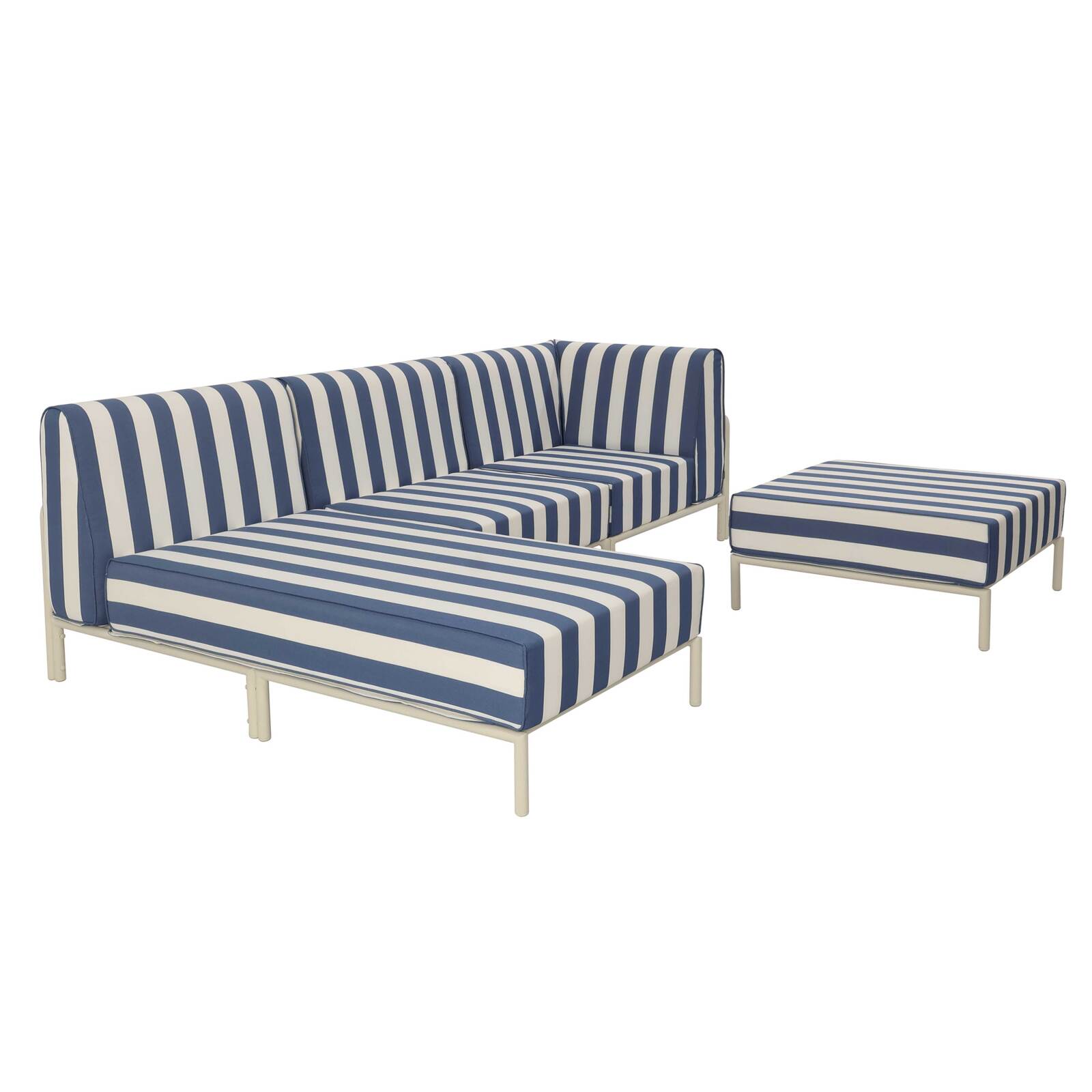 Sofá modular de exterior a rayas para 4 personas con 1 sillón, 1 sillón esquinero, 1 chaise longue y 1 puf