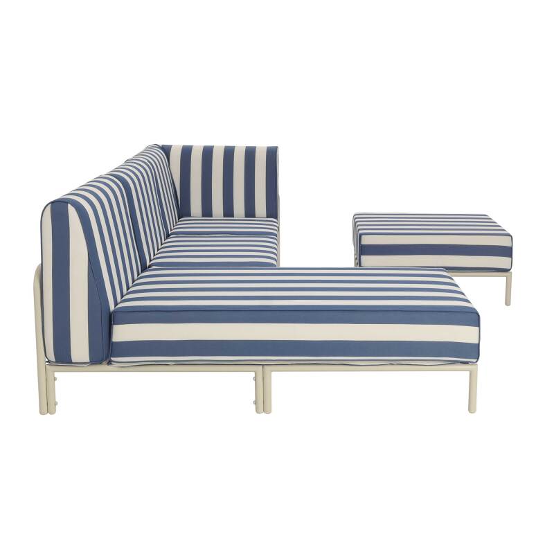 Sofá modular de exterior a rayas para 4 personas con 1 sillón, 1 sillón esquinero, 1 chaise longue y 1 puf (6/7)
