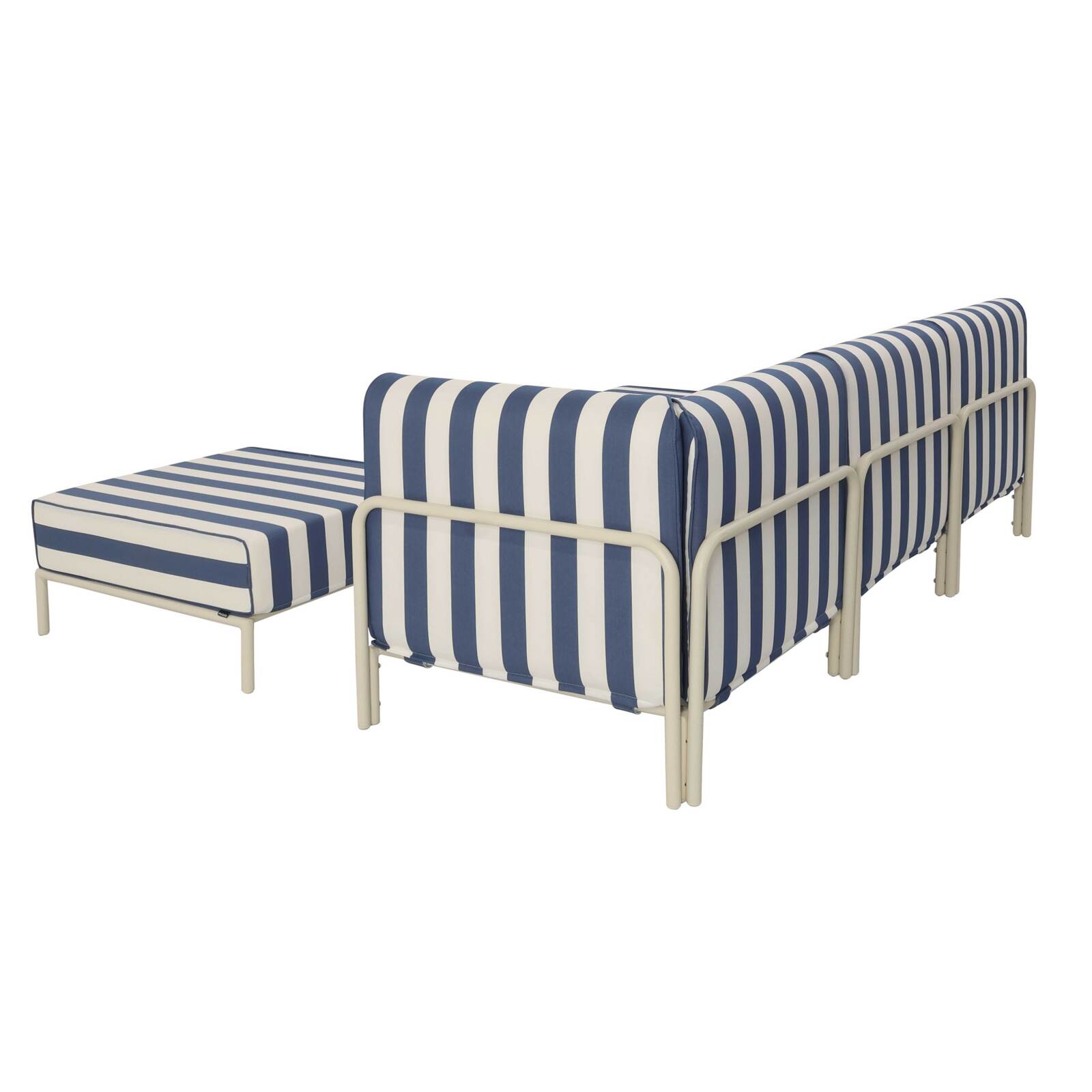 Sofá modular de exterior a rayas para 4 personas con 1 sillón, 1 sillón esquinero, 1 chaise longue y 1 puf