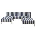 Sofá modular de exterior a rayas para 4 personas con 1 sillón, 1 sillón esquinero, 1 chaise longue y 1 puf