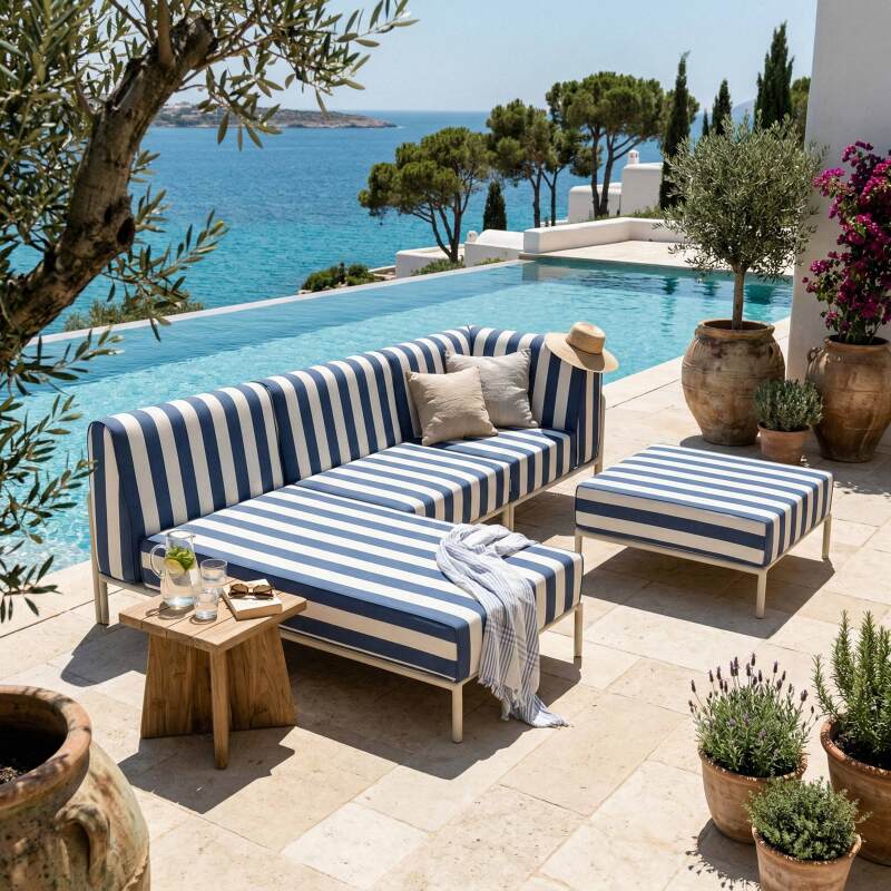 Sofá modular de exterior a rayas para 4 personas con 1 sillón, 1 sillón esquinero, 1 chaise longue y 1 puf