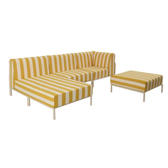 Sofá modular de exterior a rayas para 4 personas con 1 sillón, 1 sillón esquinero, 1 chaise longue y 1 puf