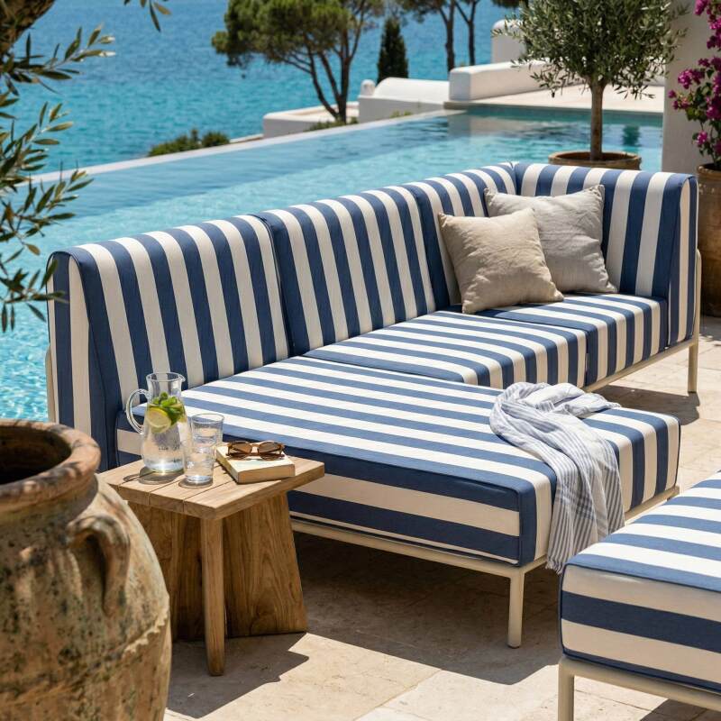 Sofá modular de exterior a rayas para 4 personas con 1 sillón, 1 sillón esquinero, 1 chaise longue y 1 puf (2/7)