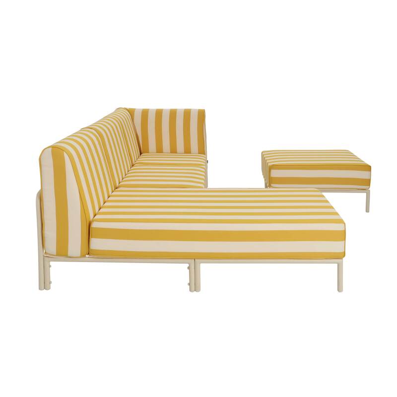 Sofá modular de exterior a rayas para 4 personas con 1 sillón, 1 sillón esquinero, 1 chaise longue y 1 puf (6/8)