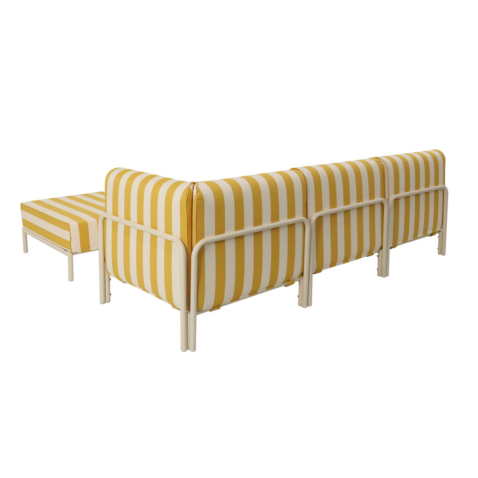 Sofá modular de exterior a rayas para 4 personas con 1 sillón, 1 sillón esquinero, 1 chaise longue y 1 puf