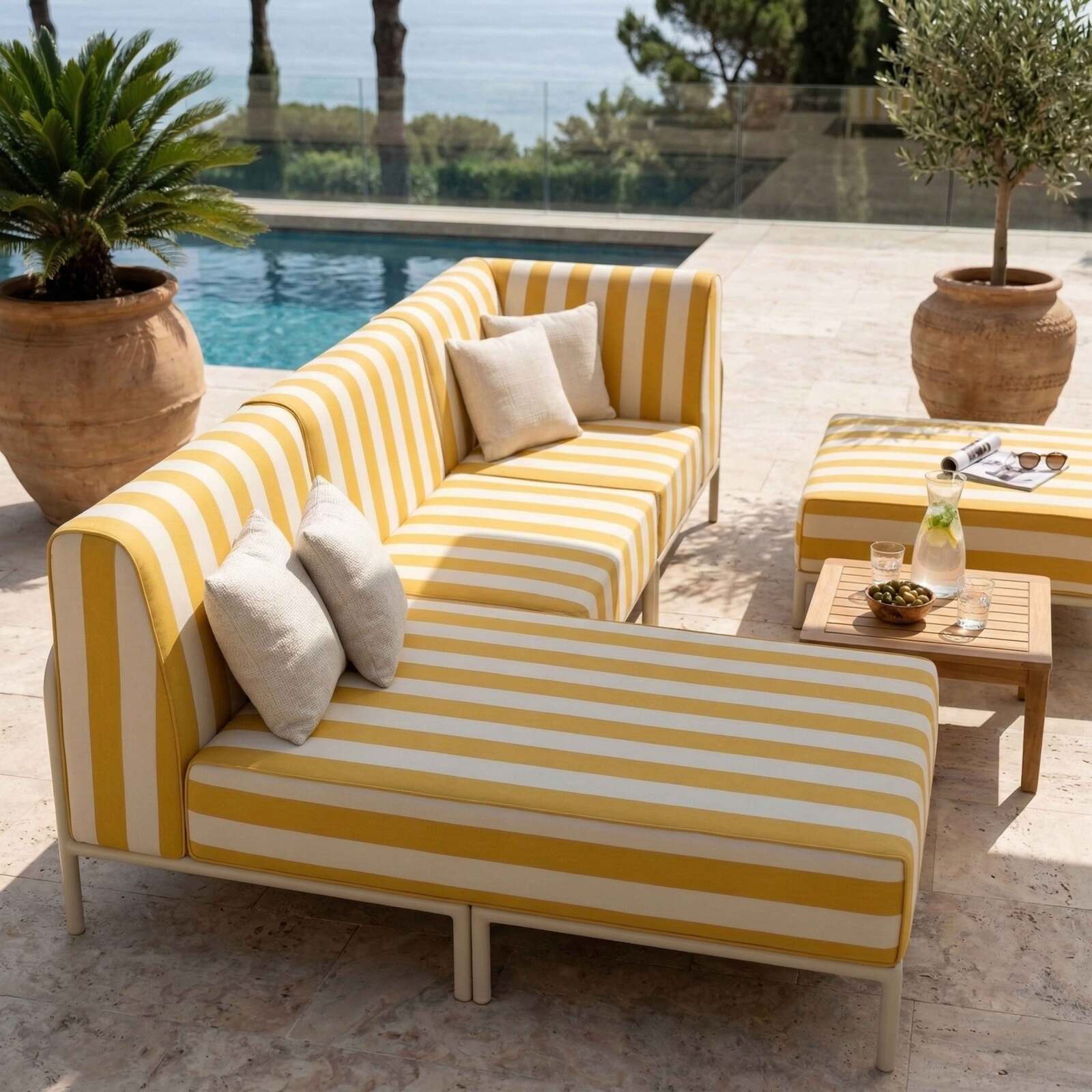 Sofá modular de exterior a rayas para 4 personas con 1 sillón, 1 sillón esquinero, 1 chaise longue y 1 puf
