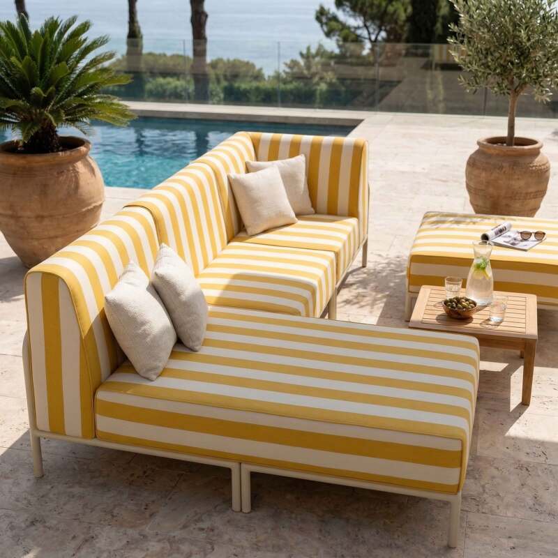 Sofá modular de exterior a rayas para 4 personas con 1 sillón, 1 sillón esquinero, 1 chaise longue y 1 puf (2/8)