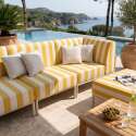Sofá modular de exterior a rayas para 4 personas con 1 sillón, 1 sillón esquinero, 1 chaise longue y 1 puf